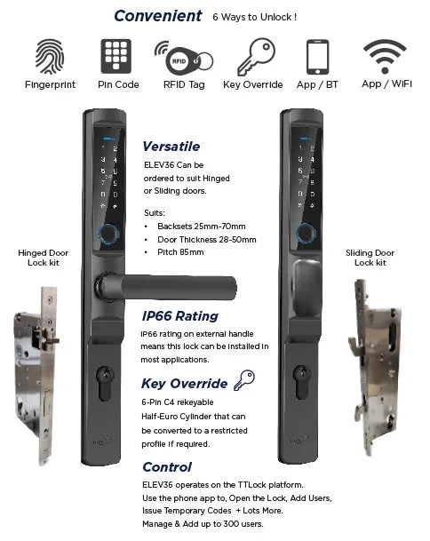 E-Series Electronic Digital Lock Matt Black - Key Override - Hinged Door Version